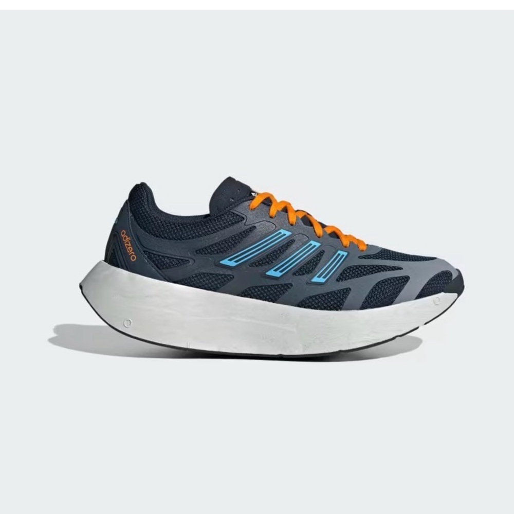 adidas Men's Running Shoe in Navy with Light Blue Stripes and Orange Laces